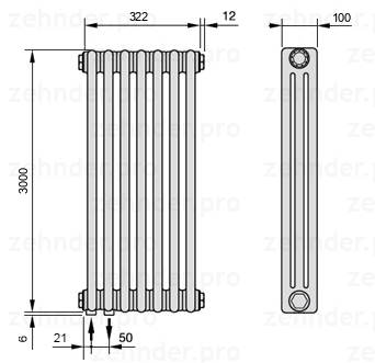 Схема (чертеж) Радиатор Zehnder Charleston 3300/7 №3370 Белый глянцевый RAL 9016